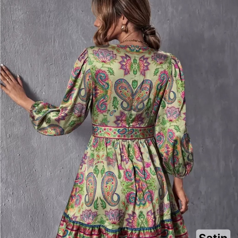 SHEIN X Marina Oliveira Multicolor Paisley Long Sleeve Dress Large - Picture 4 of 7